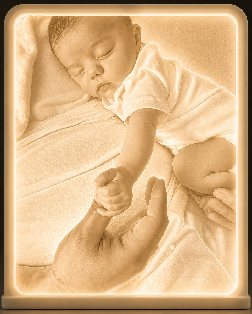 Baby Stella holding Dom's finger as a glowing lithophane nightlight