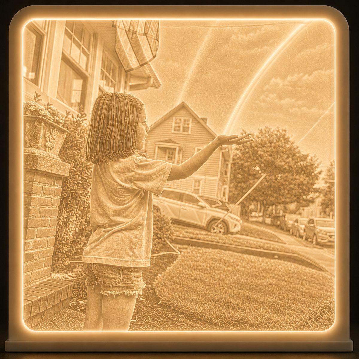 Stella releasing a butterfly toward a rainbow